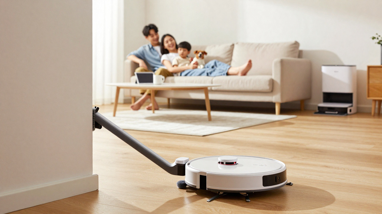 Aspirador robô branco limpando piso de madeira, com família relaxando no sofá ao fundo.