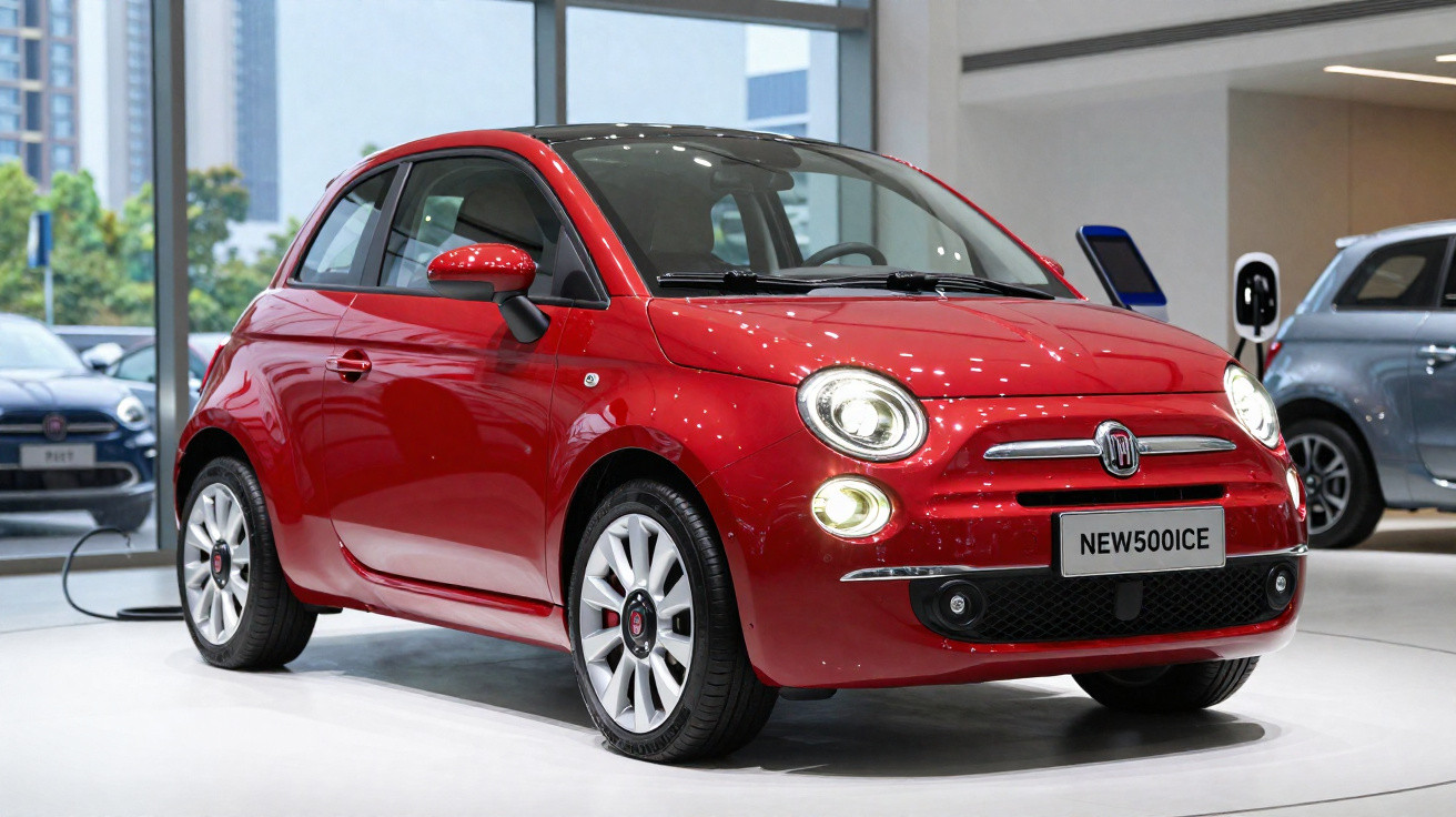 Carro compacto elétrico vermelho Fiat 500 elétrico em exposição com luzes acesas em showroom moderno.
