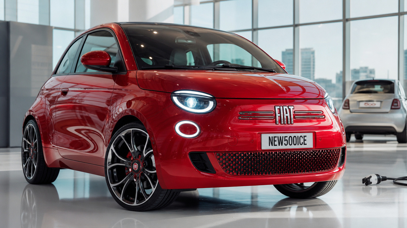 Carro elétrico vermelho Fiat New 500e em showroom moderno com faróis acesos e tomada conectada.