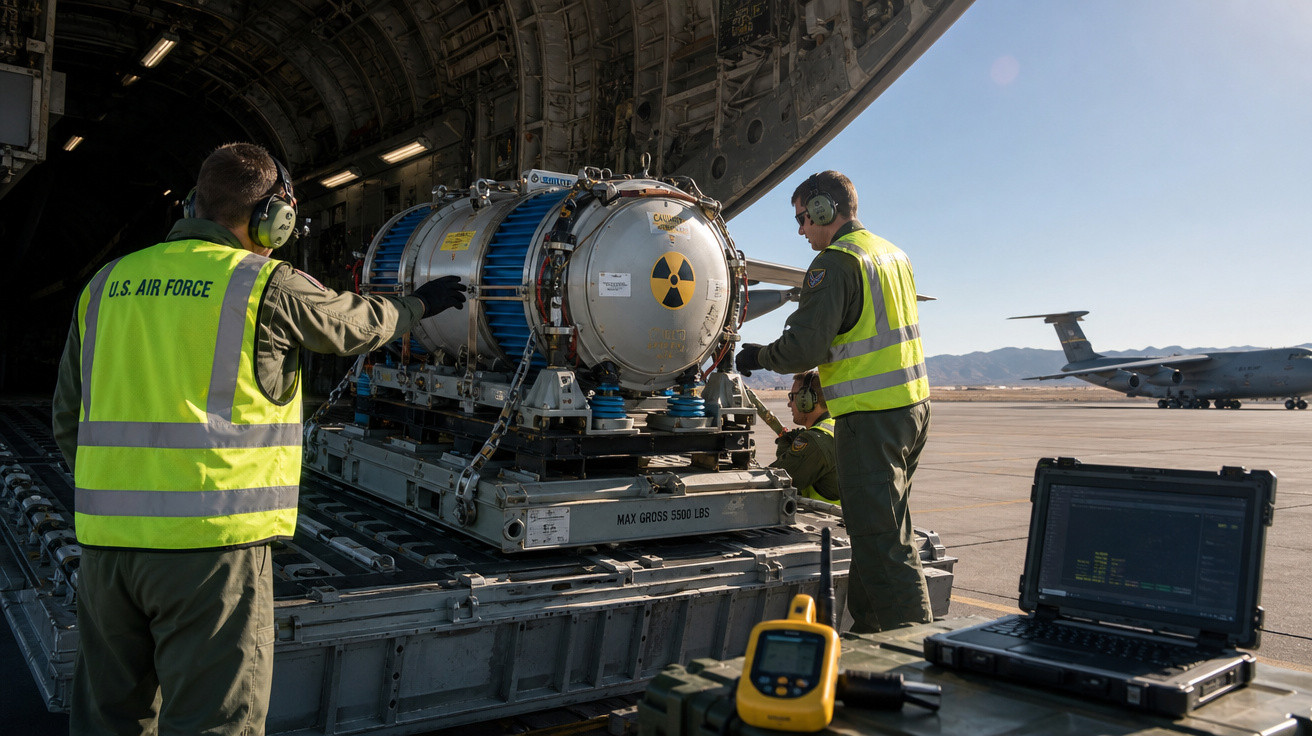 Militares dos EUA manipulam bomba nuclear dentro de avião militar em pista com equipamento de monitoramento.