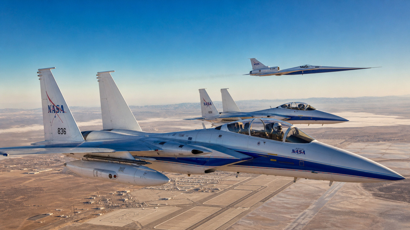 Dois jatos de pesquisa da NASA voando com um avião supersônico Concorde ao fundo sobre um deserto.