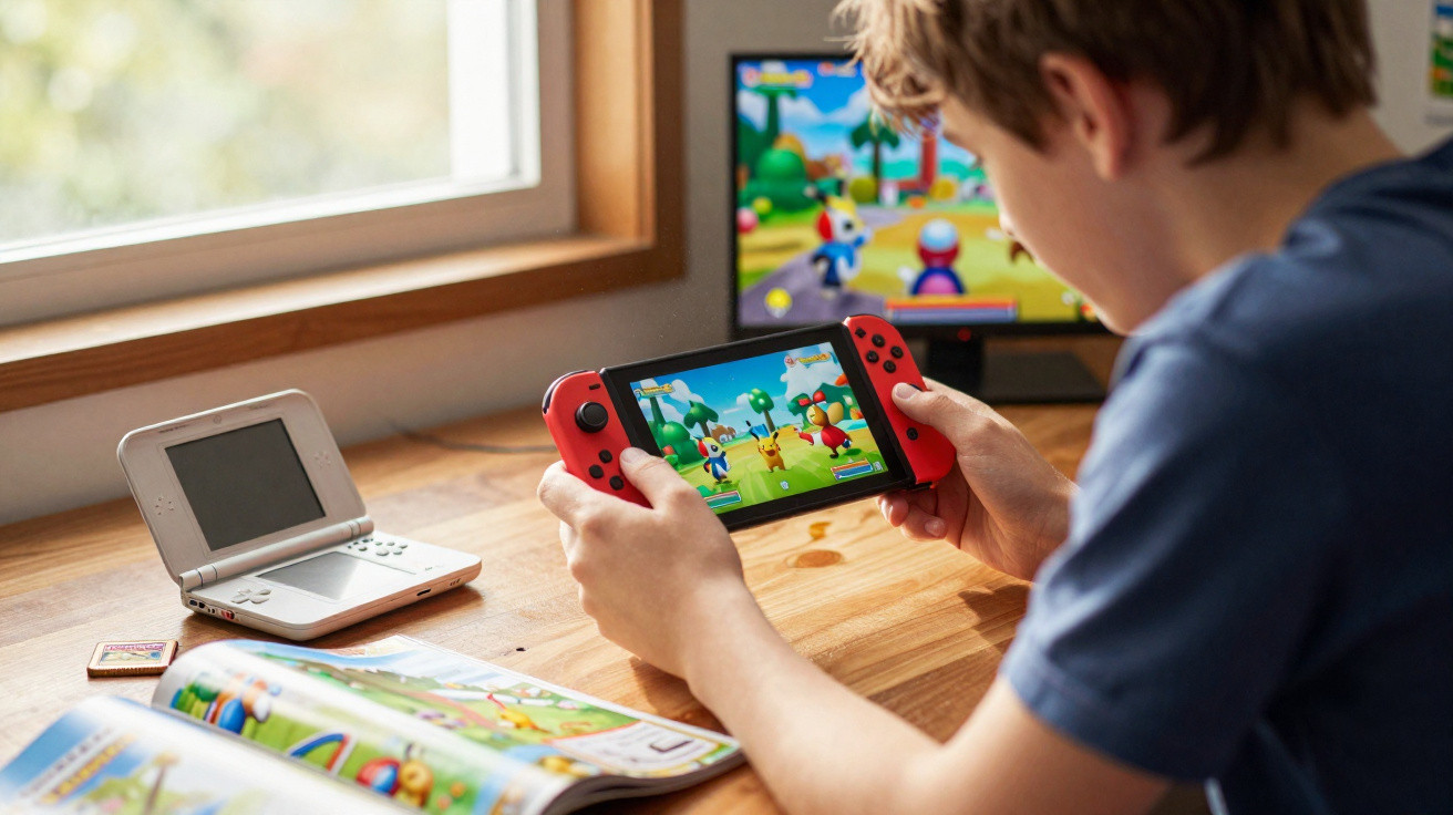 Menino jogando videogame portátil em mesa perto da janela com console antigo e revista aberta.