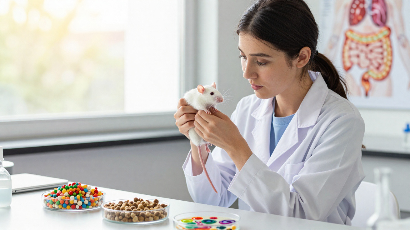 Cientista em jaleco branco segurando um rato branco em laboratório com petiscos e cola colorida na mesa.