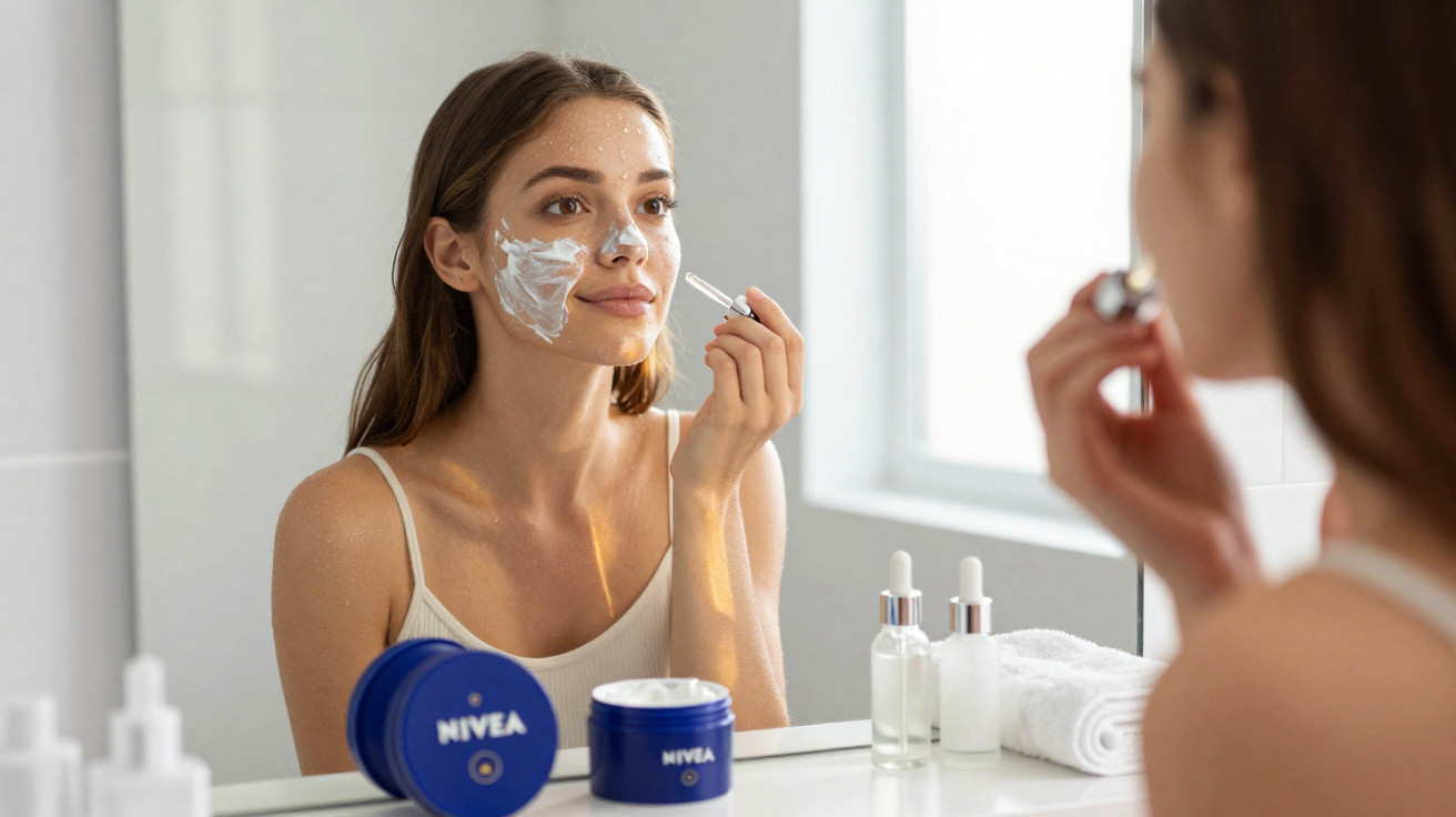 Mulher aplicando creme facial Nivea no rosto em frente ao espelho no banheiro.