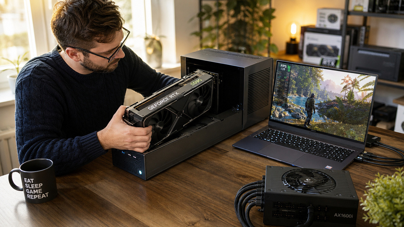 Homem instalando placa de vídeo GeForce RTX em gabinete externo conectado a notebook com jogo aberto na tela.