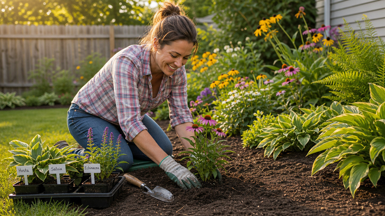 Mulher sorrindo plantando flores em jardim ensolarado com plantas e flores ao redor em área residencial.