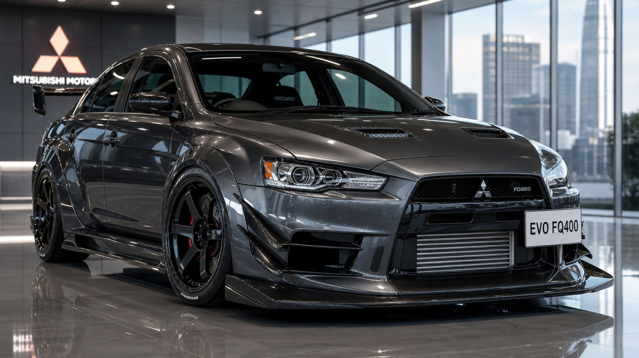 Carro esportivo Mitsubishi EVO FQ400 cinza, exibido em showroom moderno com piso espelhado.