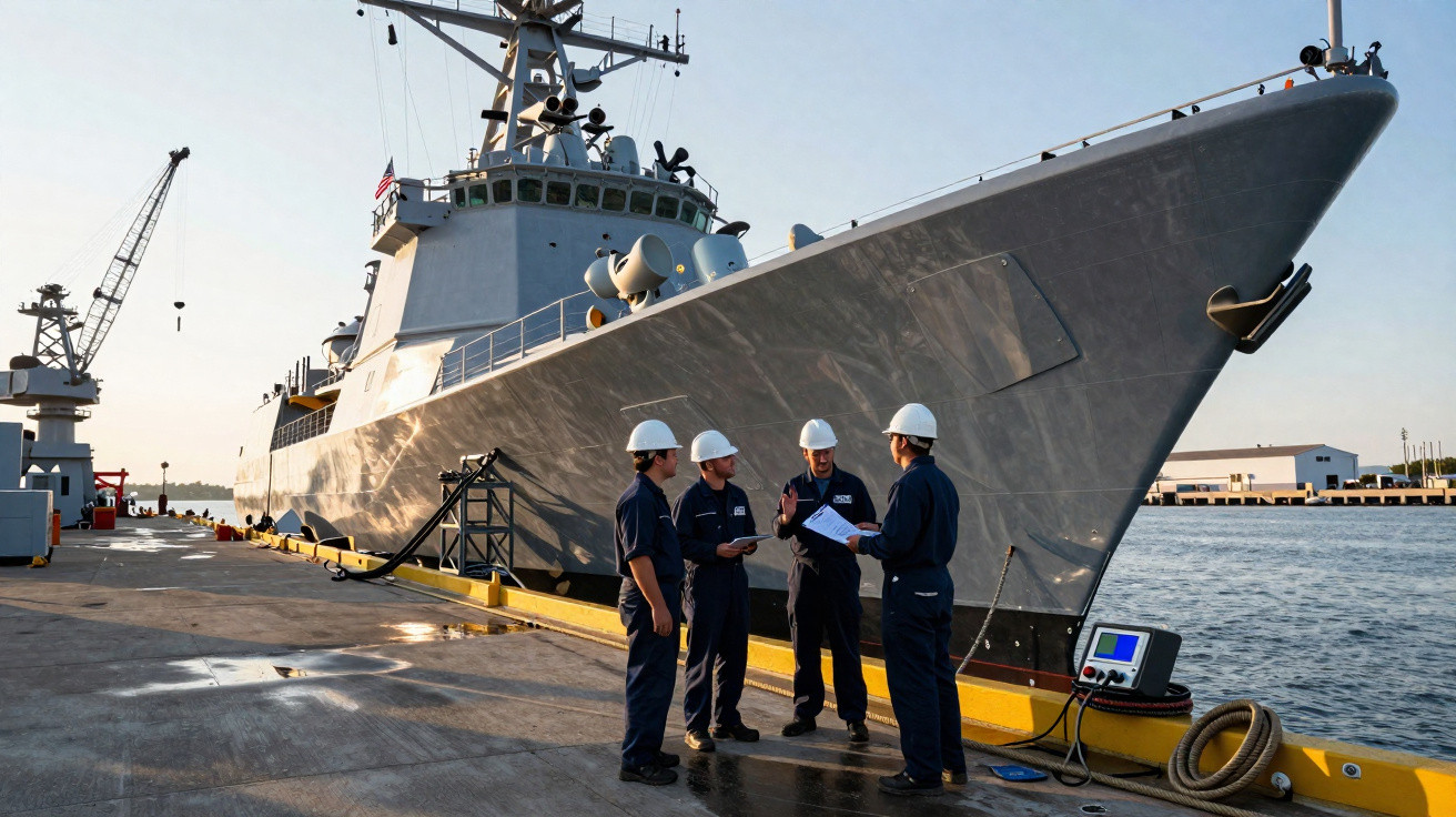 Quatro tripulantes militares conversam usando capacetes brancos ao lado de navio de guerra atracado no porto.