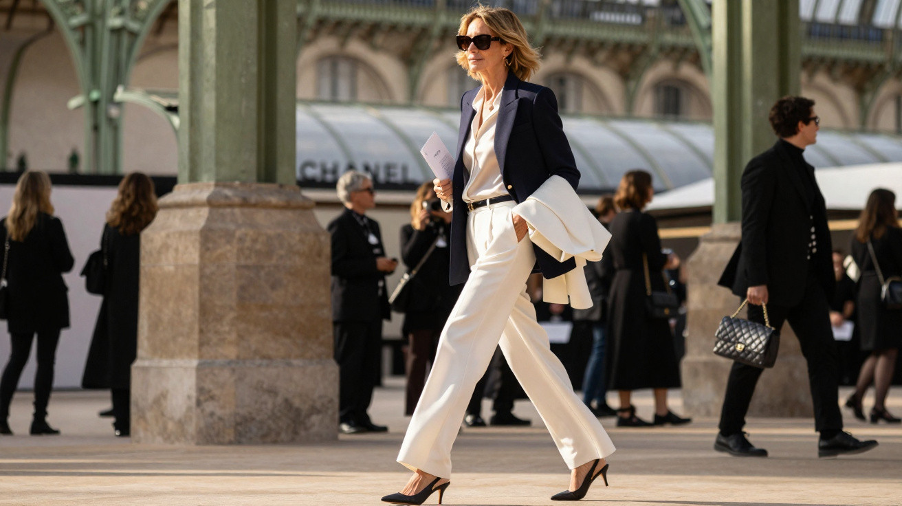 Mulher elegante com blazer azul e calça branca caminha em área externa com outras pessoas desfocadas ao fundo.