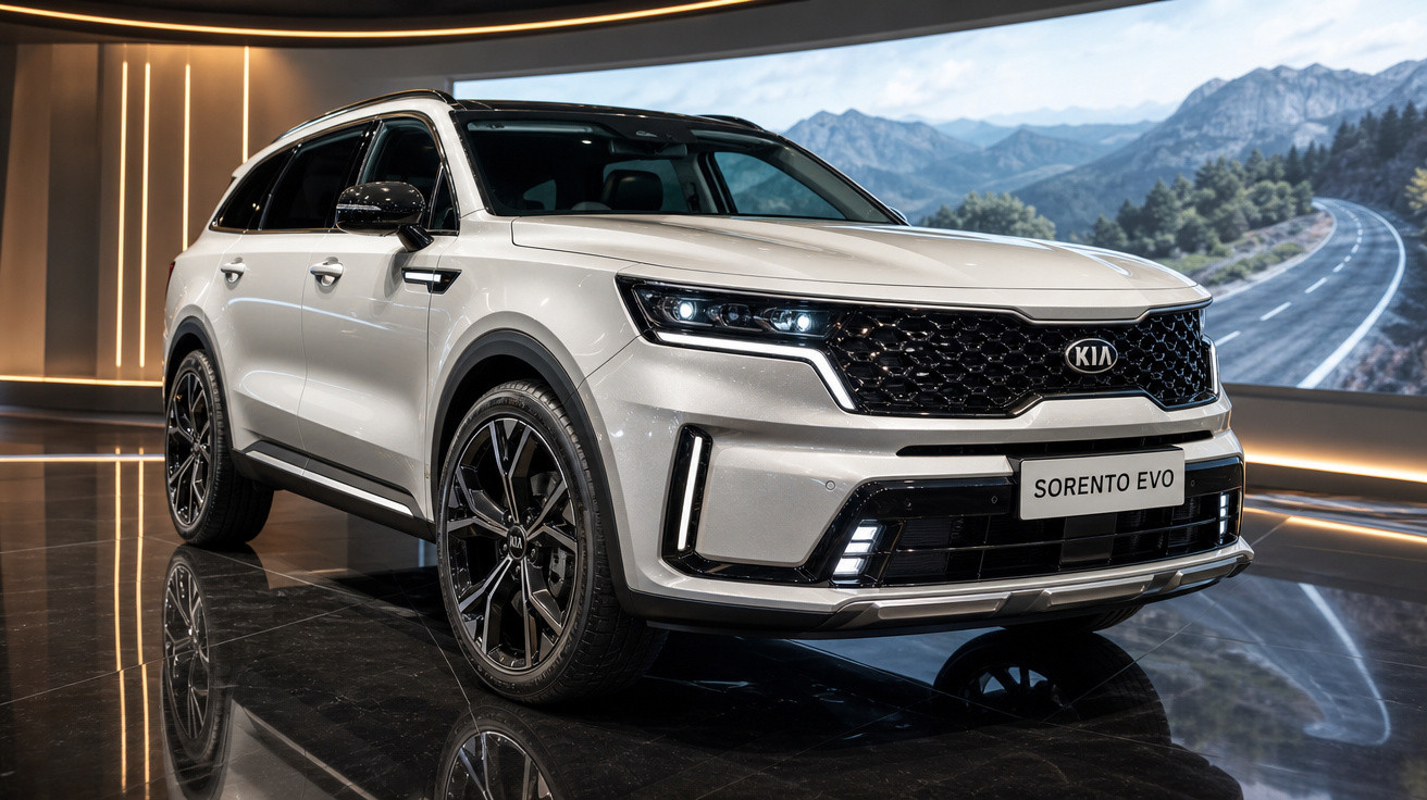 SUV branco Kia Sorento Evo em ambiente interno com piso preto brilhante e parede com tela de estrada e montanhas.
