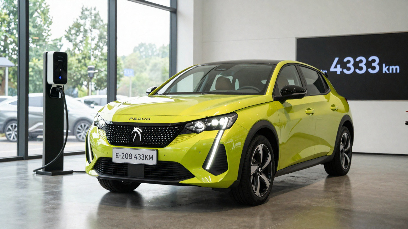 Carro elétrico Peugeot E-208 amarelo conectado a ponto de recarga em ambiente interno moderno.