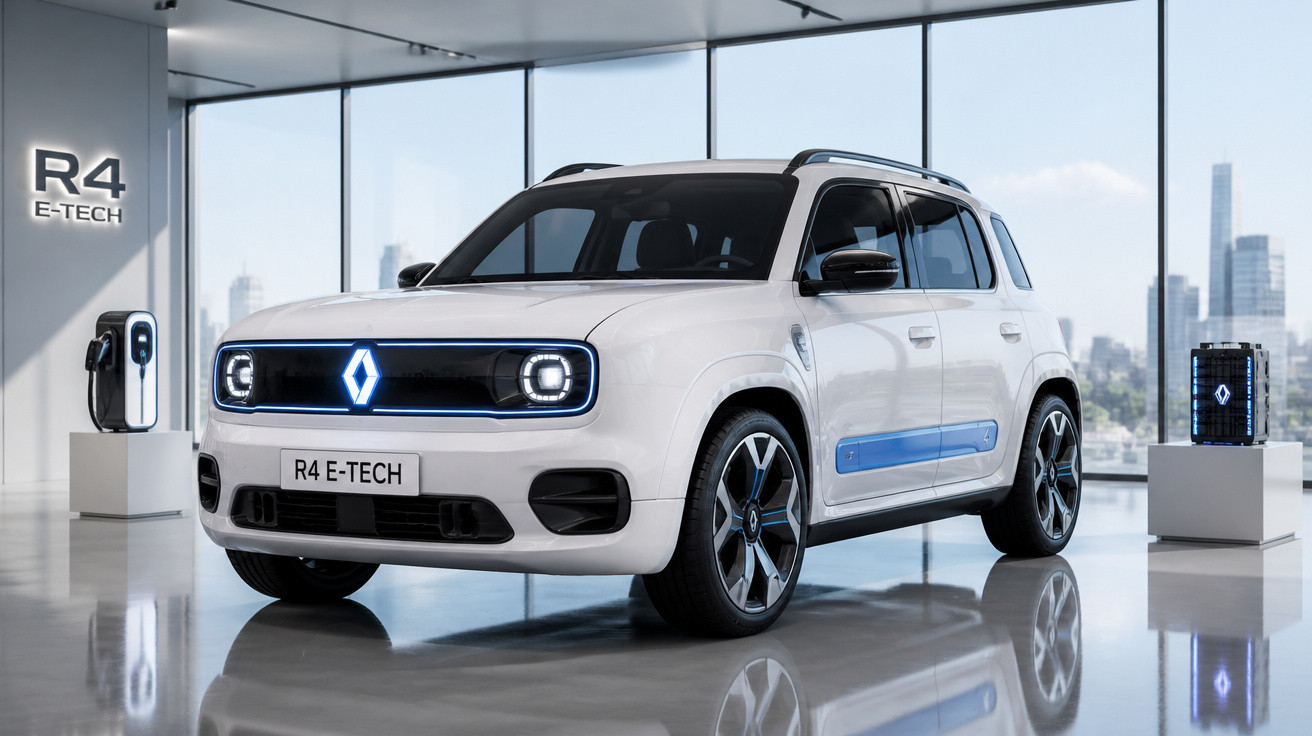 Carro elétrico branco Renault R4 E-TECH em ambiente interno moderno com vidros grandes e piso refletivo.