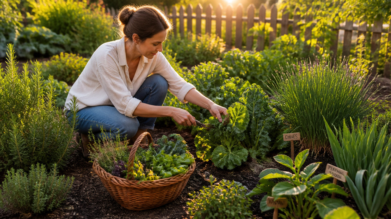 Mulher colhendo verduras em horta caseira com cesta cheia de vegetais frescos ao lado.
