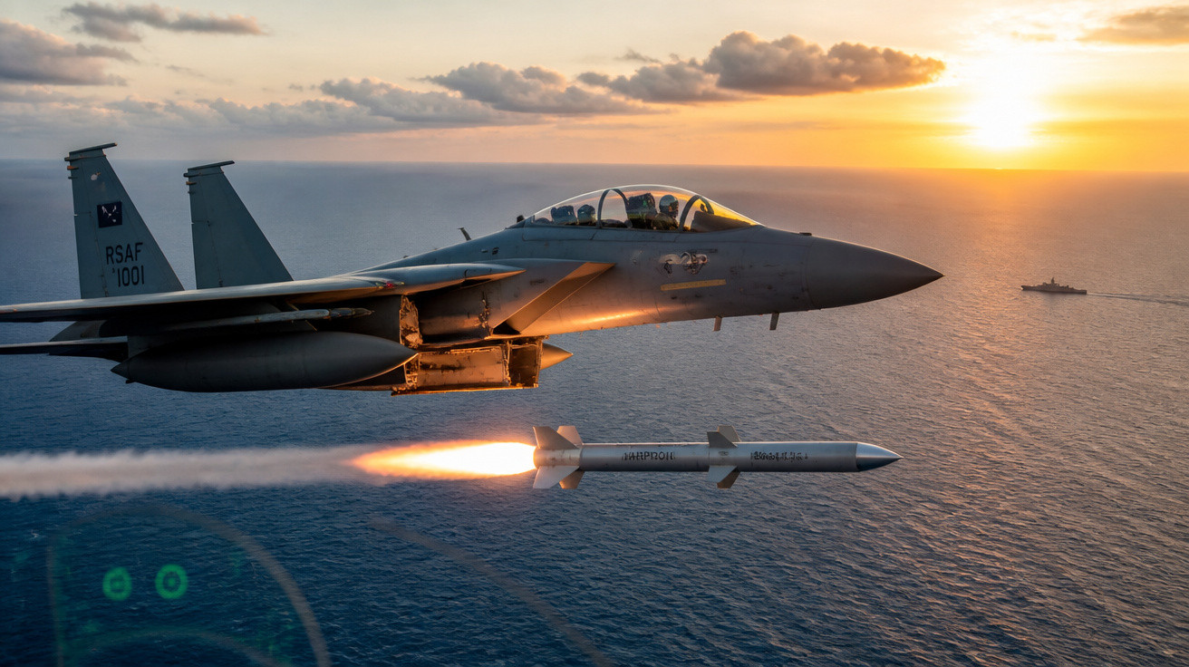 Caça militar lançando míssil sobre o mar ao pôr do sol, com navio ao fundo.