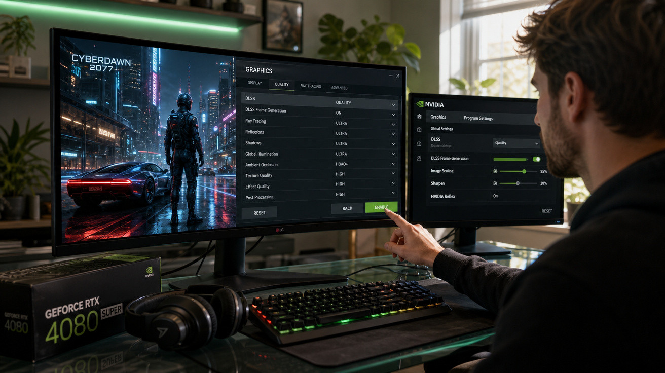 Homem configurando gráficos de jogo Cyberdawn 2077 em computador com duas telas em ambiente iluminado.