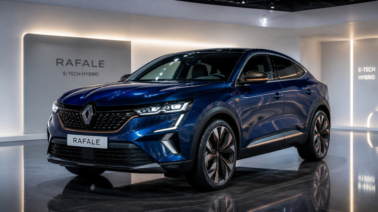 Carro azul Renault Rafale E-Tech Hybrid exposto em ambiente interno moderno com iluminação suave.