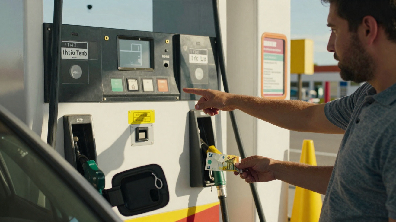 Homem usando notas para abastecer carro em bomba de combustível de posto de gasolina.