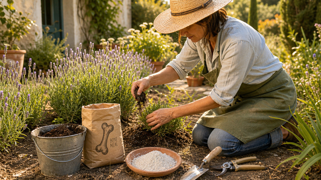 Mulher jardineira usando chapéu e avental, cuidando de plantas em jardim com ferramentas e fertilizantes.