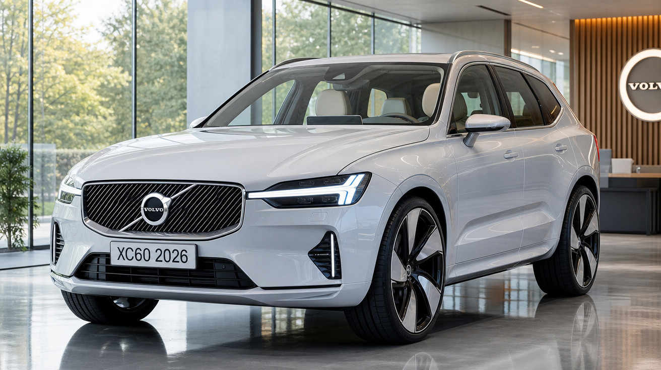 Carro SUV branco Volvo XC60 2026 em showroom moderno com vidro e iluminação natural.