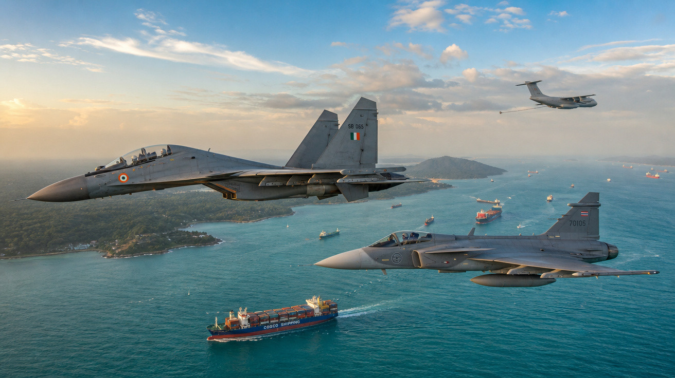 Três aviões militares voando sobre o mar próximo à costa com vários navios de carga na água.