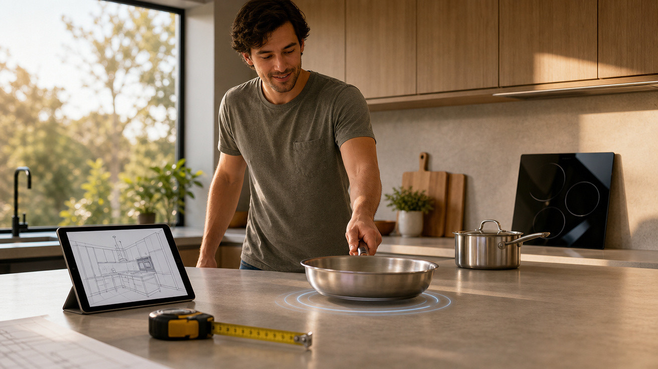 Homem ajusta frigideira em fogão embutido em cozinha moderna com projeto digital em tablet.