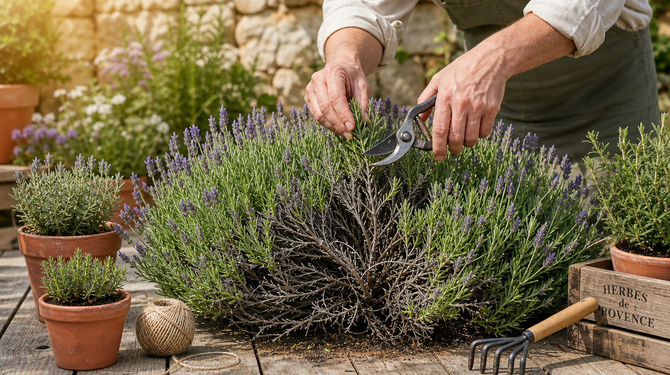 Pessoa podando planta de lavanda em vaso com tesoura de jardinagem em mesa de madeira ao ar livre.