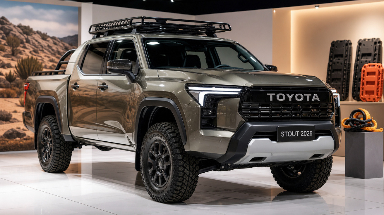 Picape Toyota Stout 2026 cinza com rack no teto em exposição interna.