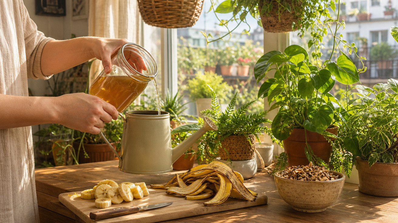 Pessoa despejando líquido em regador, com cascas de banana, plantas em vasos e ambiente iluminado por janela.