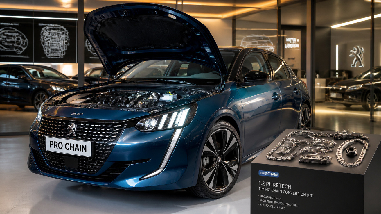 Carro Peugeot 208 azul com capô aberto exibindo o motor e kit de corrente de distribuição PRO CHAIN.