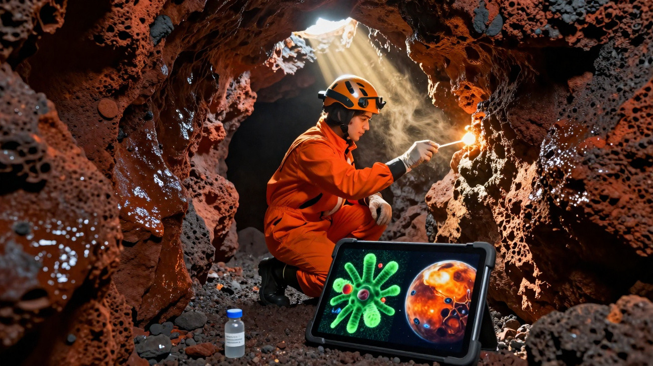 Cientista em roupa laranja explora caverna vermelha com luz solar, luzinha e tablet com imagens científicas.