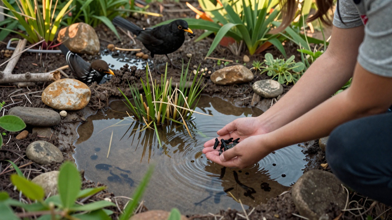 Mãos segurando sementes perto de um pequeno lago onde dois pássaros se alimentam entre plantas e pedras.