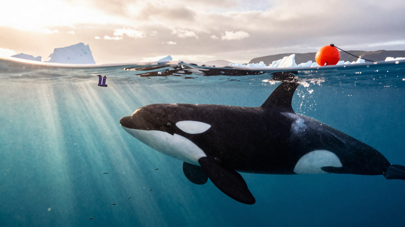 Orca nadando perto da superfície do mar com icebergues e bóia vermelha ao fundo em águas frias.