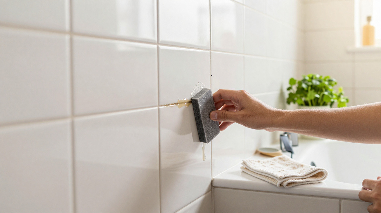 Pessoa limpando rejunte de azulejos brancos com esponja preta em banheiro claro.
