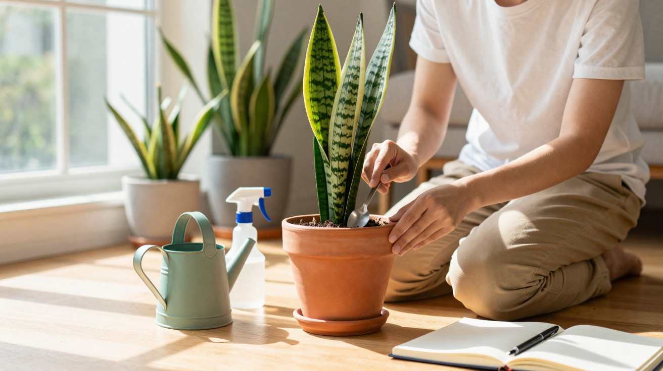 Pessoa cuidando de planta suculenta em vaso terracota com regador, borrifador e caderno ao lado, perto da janela.