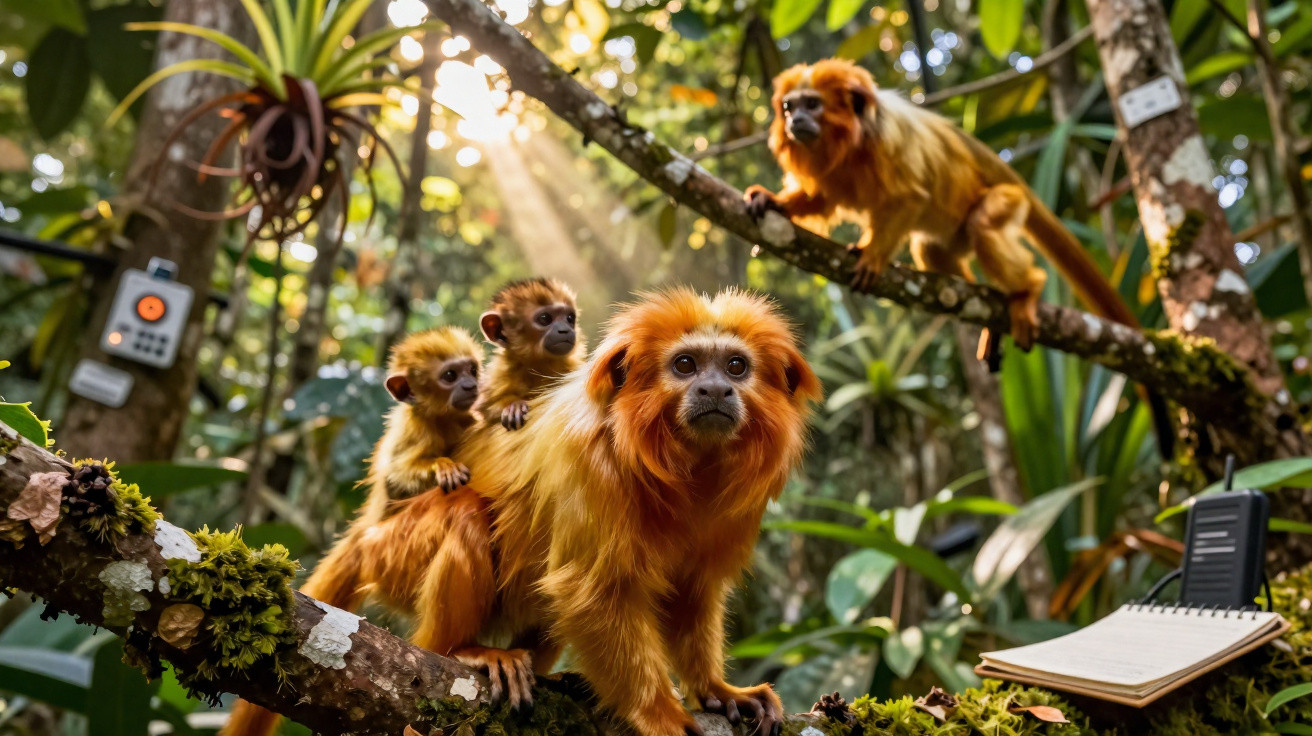 Grupo de saguis dourados com filhotes em galhos na floresta, perto de rádio e caderno.