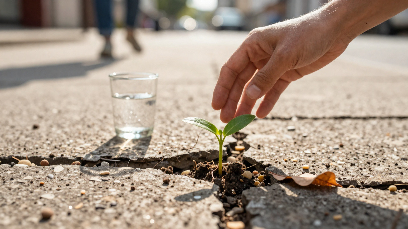 Mão protegendo muda de planta que cresce em rachadura no chão de concreto ao lado de copo d'água.