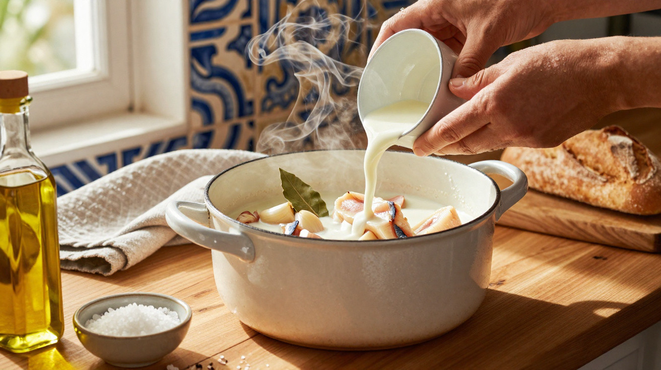 Mãos despejando líquido em panela com ingredientes para cozinhar em mesa de madeira com pão, azeite e sal.