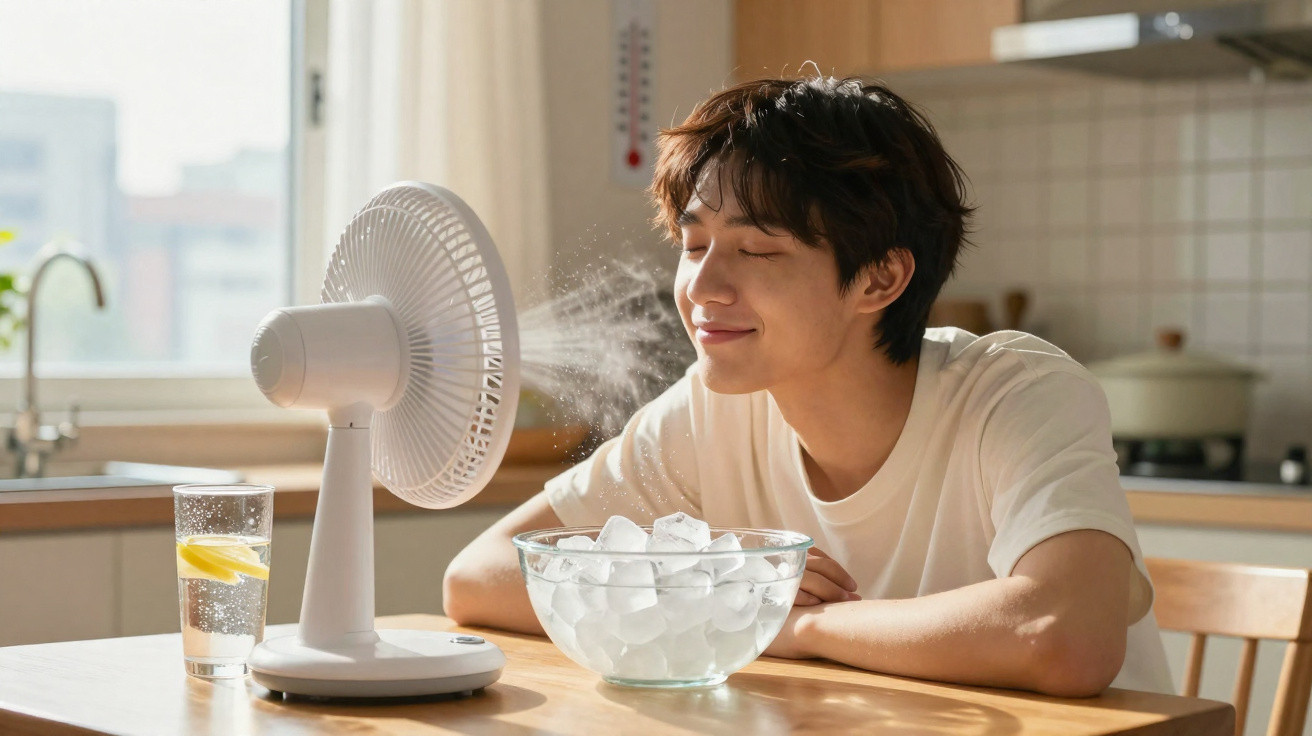 Jovem refrescando o rosto com ventilador de névoa em cozinha, com tigela de gelo e copo d’água com limão.