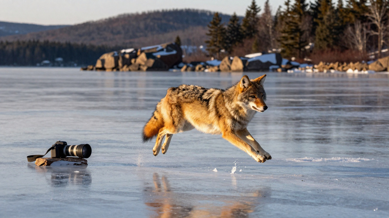 Lobo correndo sobre lago congelado próximo a uma câmera fotográfica no gelo, com montanhas ao fundo.