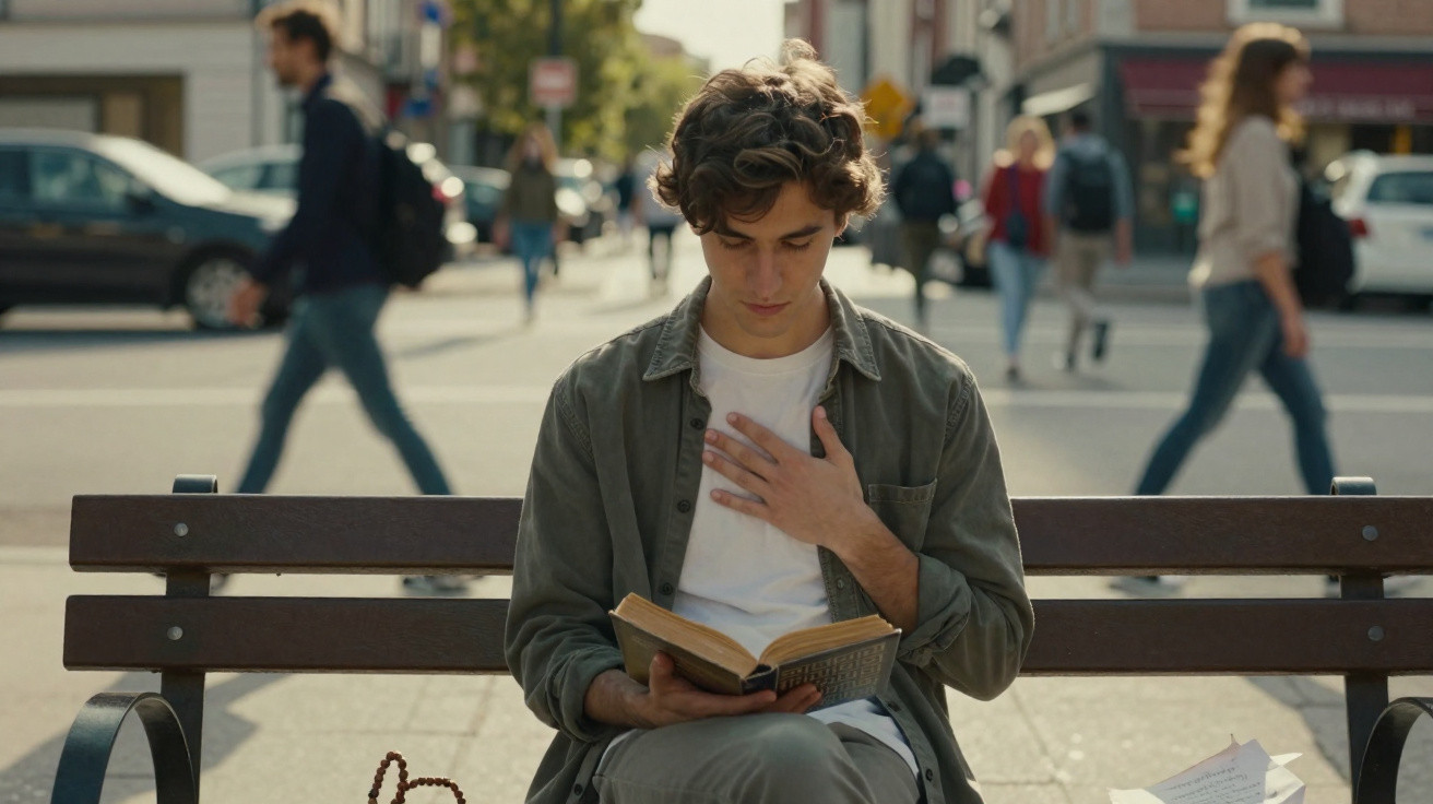 Jovem sentado em banco de praça lendo livro e com uma mão no peito em dia ensolarado na cidade.