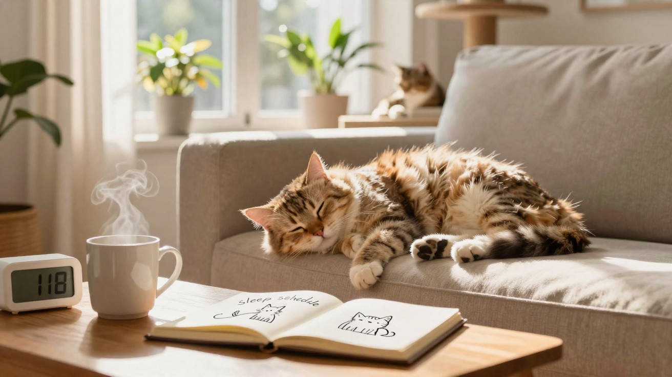 Gato dormindo no sofá em sala iluminada, com livro aberto, xícara fumegante e relógio sobre a mesa.