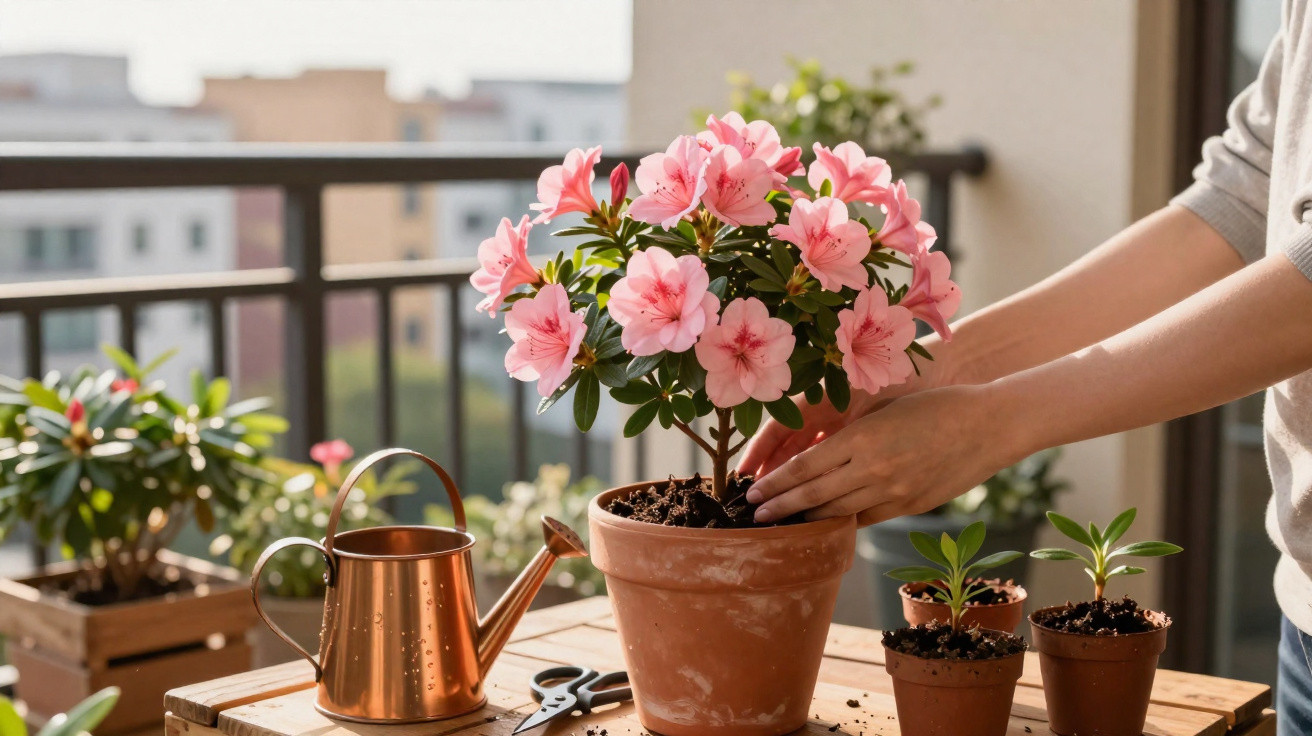 Mãos cuidando de azaleia rosa em vaso de barro sobre mesa com regador, tesoura e mudas em pequenos vasos.