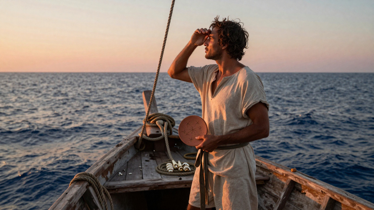 Homem com roupa antiga observa o horizonte no convés de um barco ao entardecer no mar aberto.