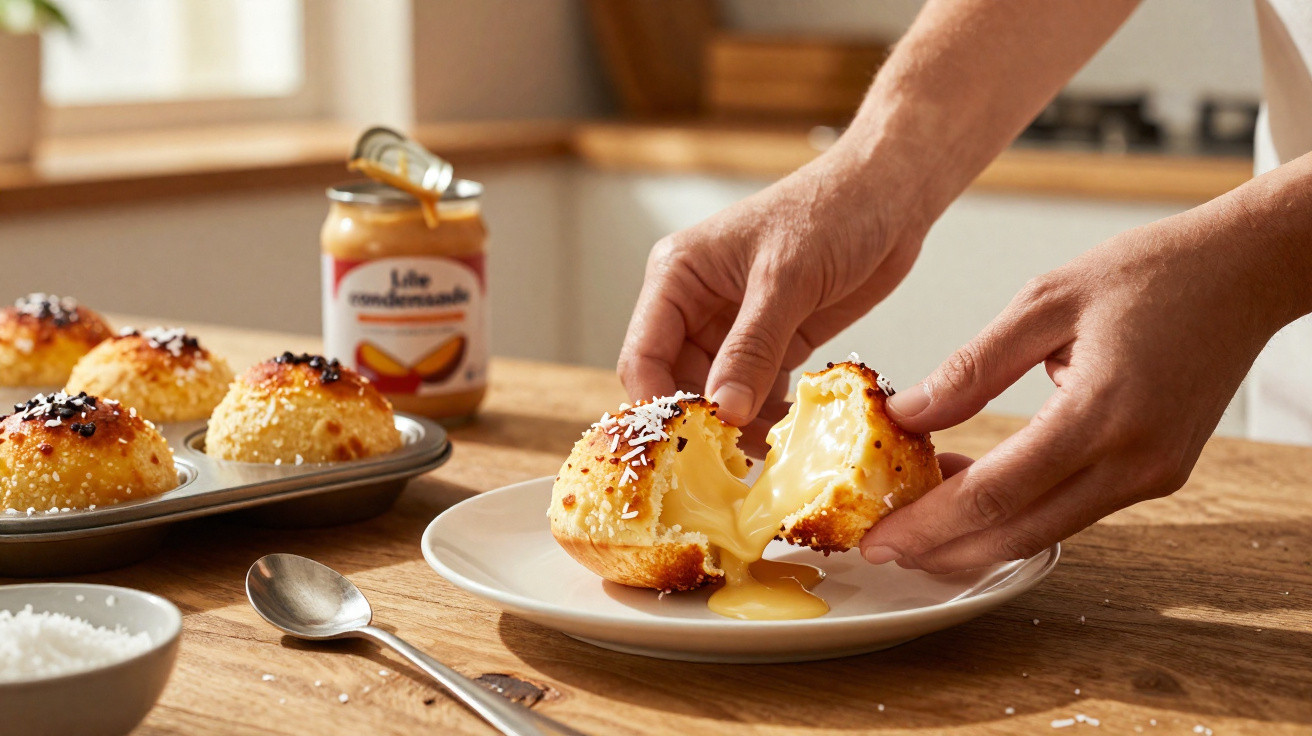 Mãos abrindo pão doce com recheio cremoso e leite condensado, em prato branco sobre mesa de madeira.