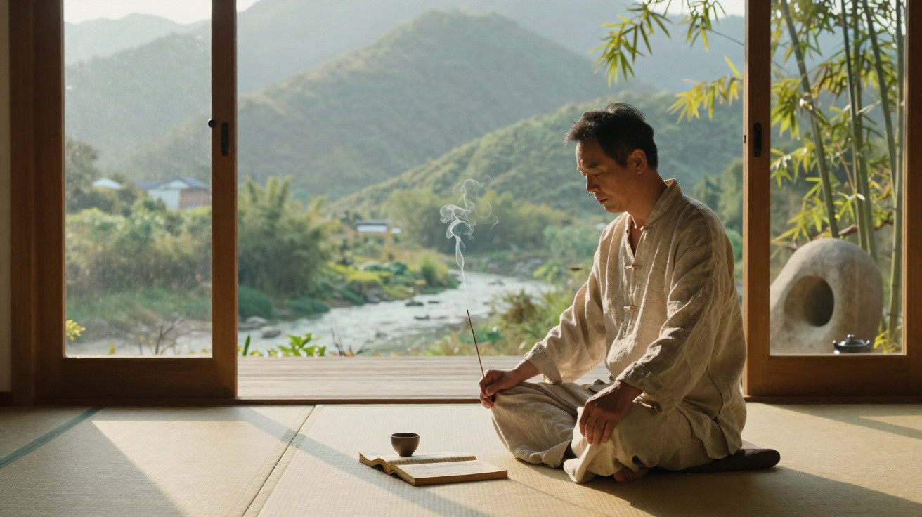 Homem sentado meditando com incenso em ambiente zen com vista para montanhas e rio ao fundo.