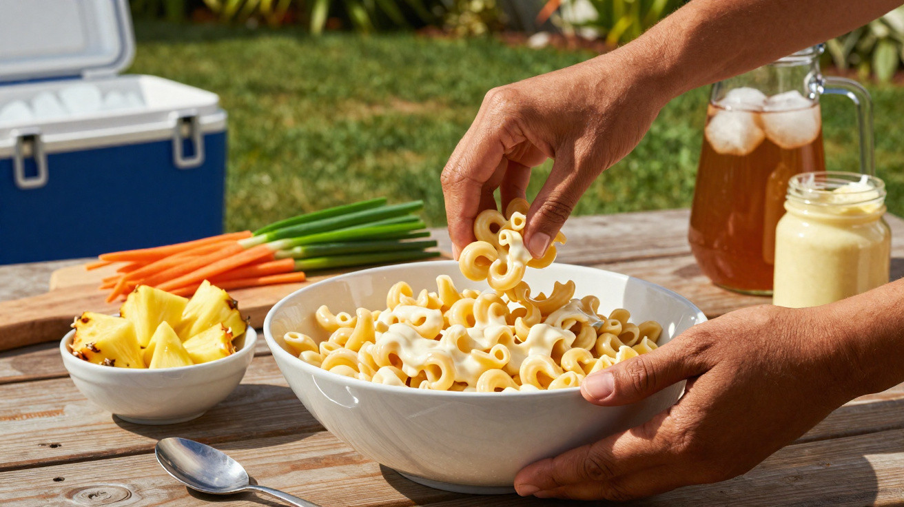 Mãos seguram macarrão com molho em tigela branca sobre mesa de madeira com legumes, abacaxi e bebidas.