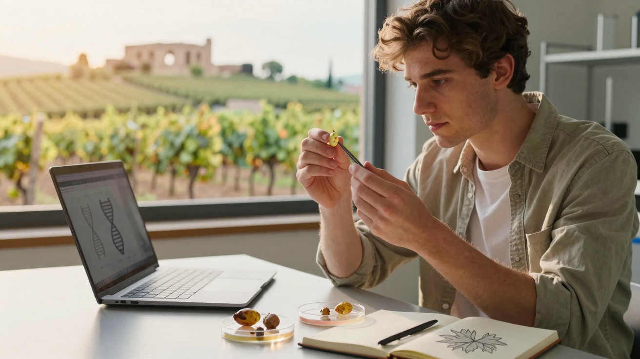 Jovem analisando amostras em lâminas de Petri com laptop aberto mostrando DNA, em ambiente com janela e plantações.