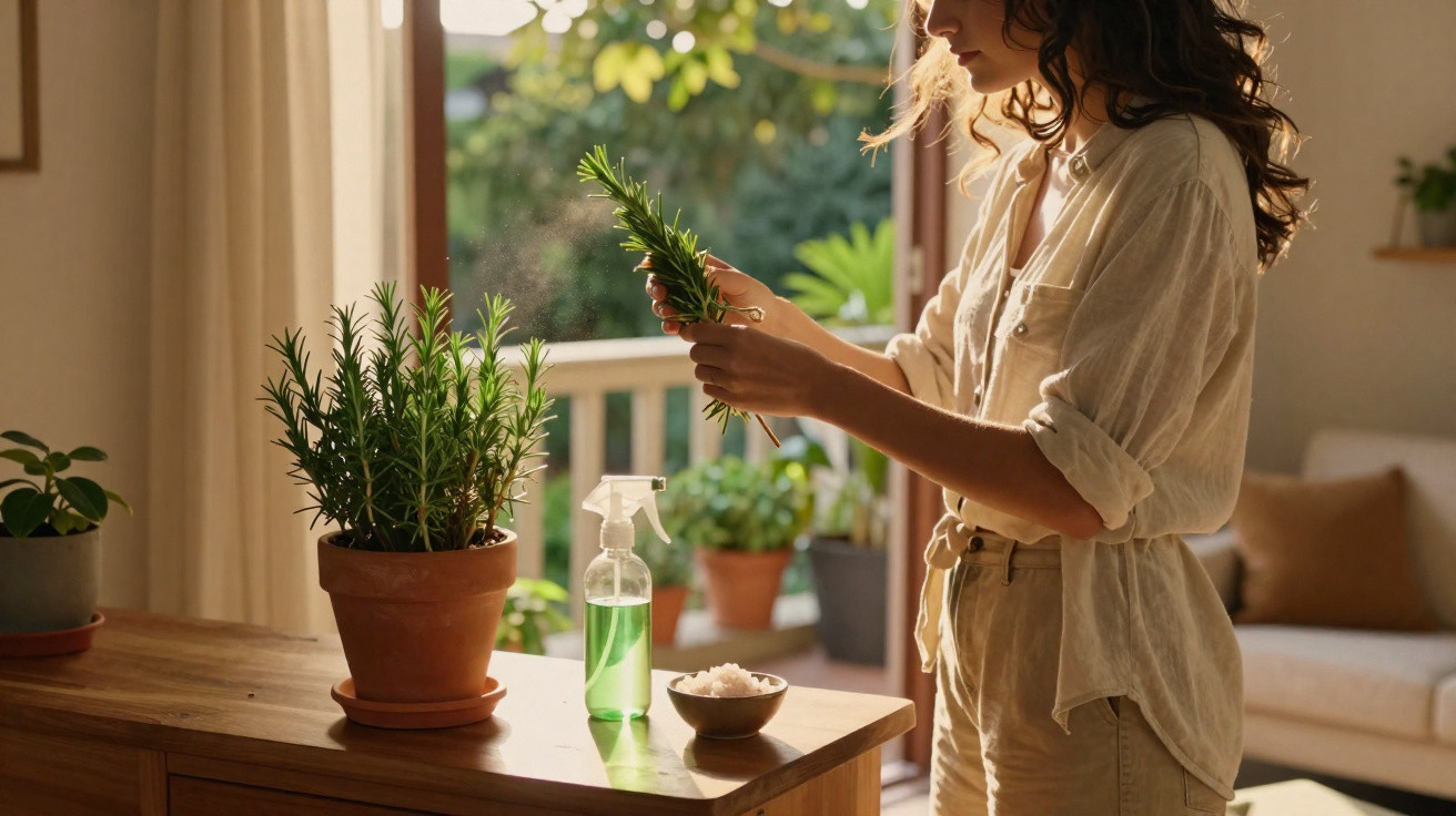 Mulher cuidando de planta de alecrim em ambiente iluminado por luz natural.