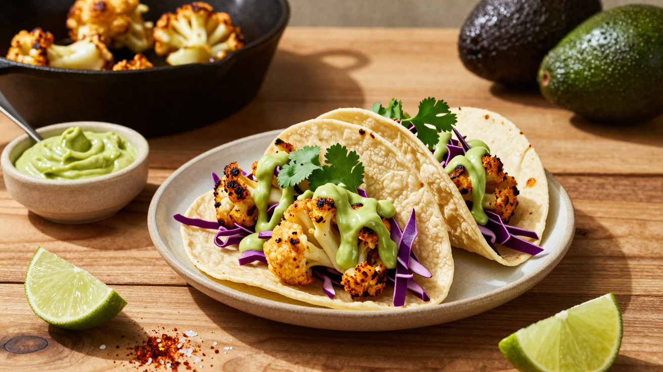 Dois tacos com couve-flor grelhada, molho verde e repolho roxo em prato sobre mesa de madeira.