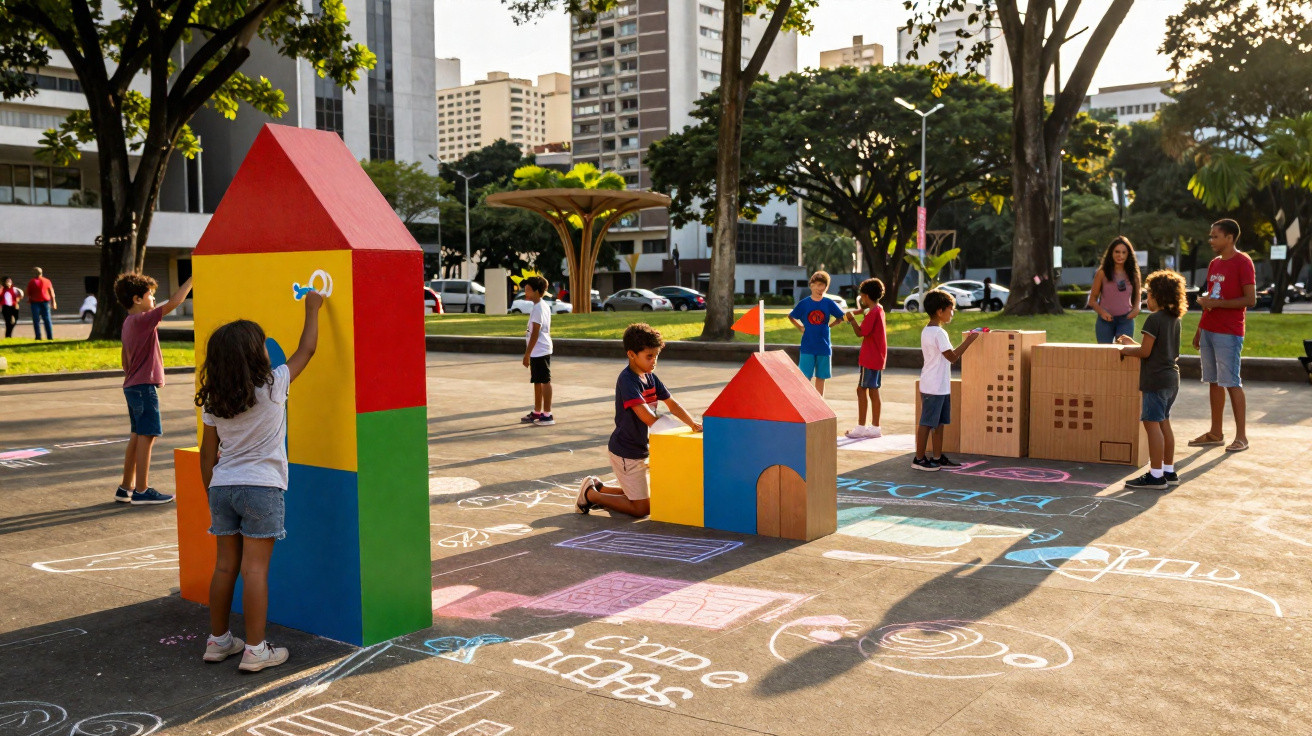 Crianças brincando ao ar livre com blocos coloridos e desenhos de giz no chão em área urbana.